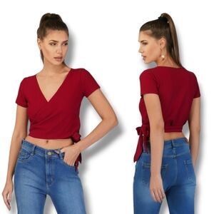 Streetwear Society Women's Red Ribbed Knit Wrapped Crop Top
